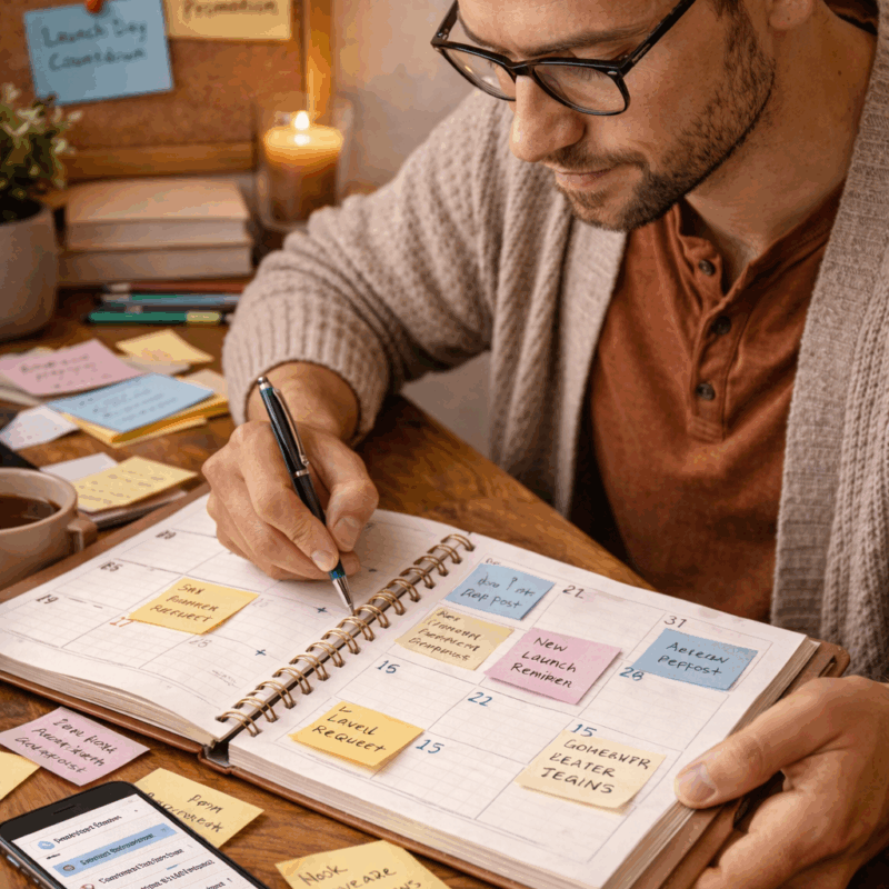 Author planning book marketing and reviews