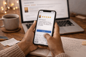 reader writing a book review online