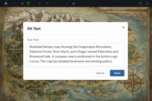 Describing Your World A screenshot of an author adding descriptive alt-text to a fantasy map in their formatting software.