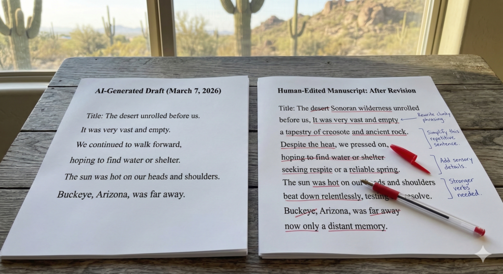 AI draft and human-edited manuscript side by side