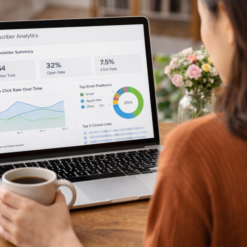 author reviewing newsletter analytics