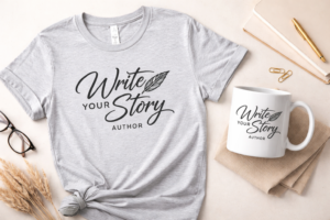 A t-shirt and coffee mug featuring custom author branding and book art.