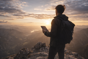 An author celebrating their publishing success on a mountain peak.