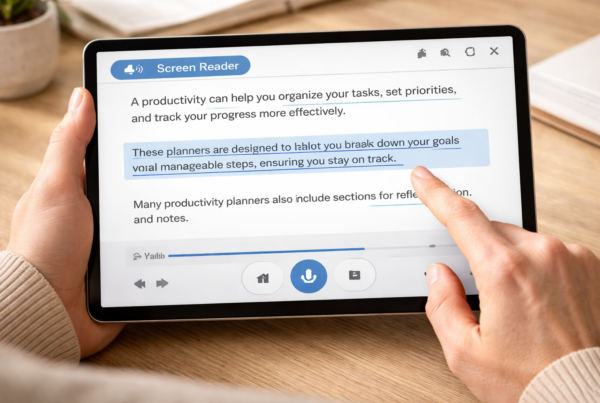 A reader using assistive technology on a tablet to read a digital book.