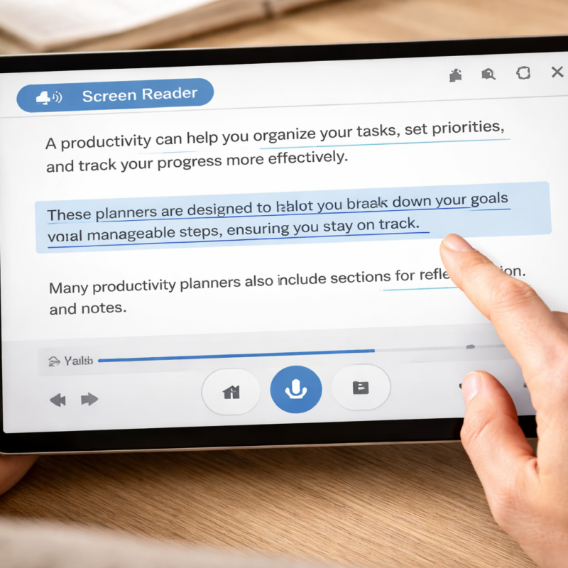 A reader using assistive technology on a tablet to read a digital book.