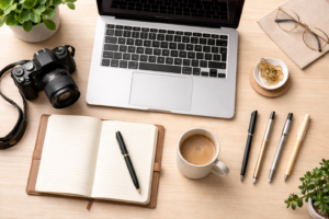 A collection of tools and resources on a desk for an indie author.