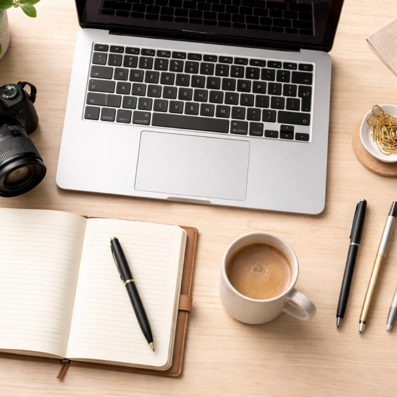 A collection of tools and resources on a desk for an indie author.