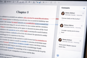 A manuscript with professional editing marks and suggestions in the margins.