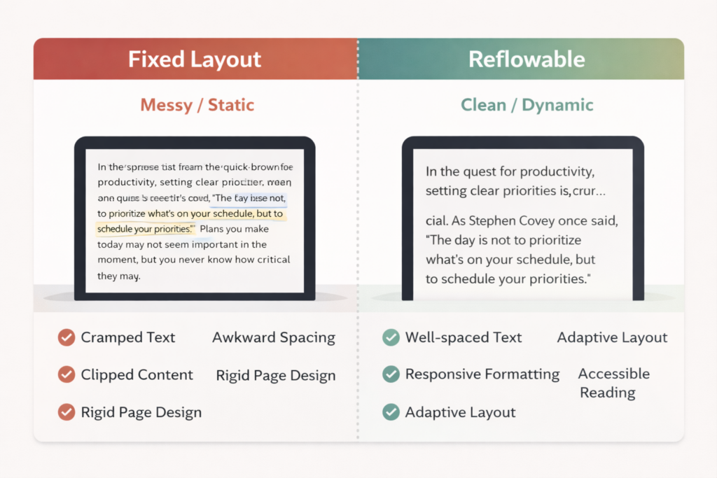 Reflowable Text Benefits A comparison chart showing why reflowable text is better for accessibility than fixed layouts.