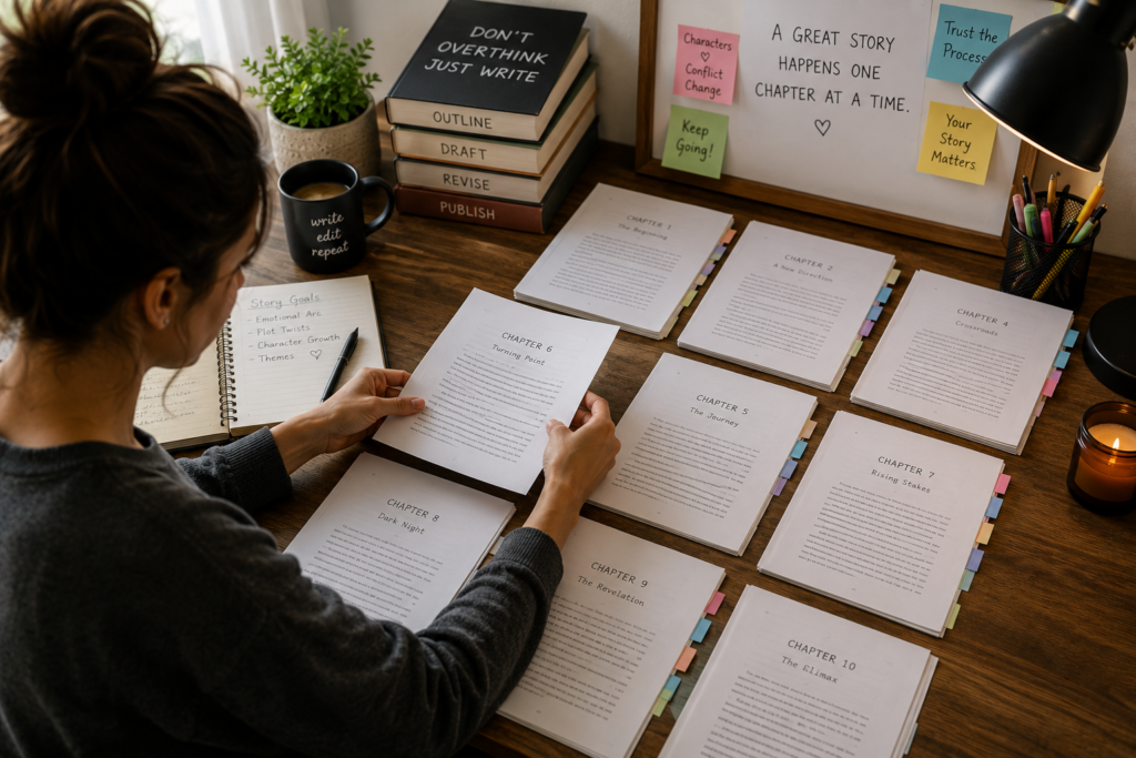 Writer rearranging manuscript pages to improve pacing and chapter structure