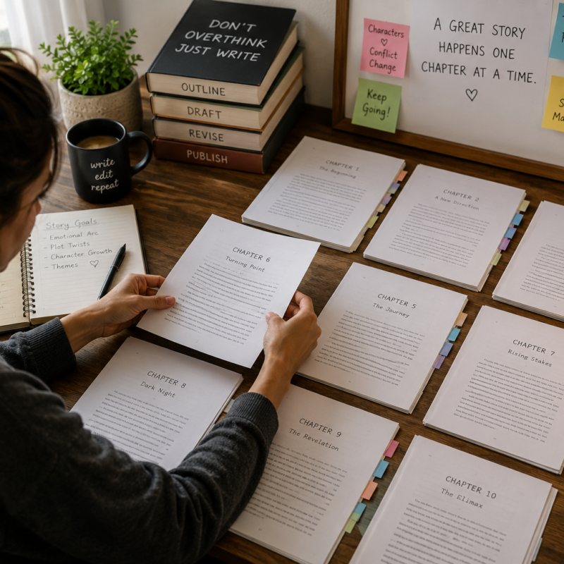 Writer rearranging manuscript pages to improve pacing and chapter structure