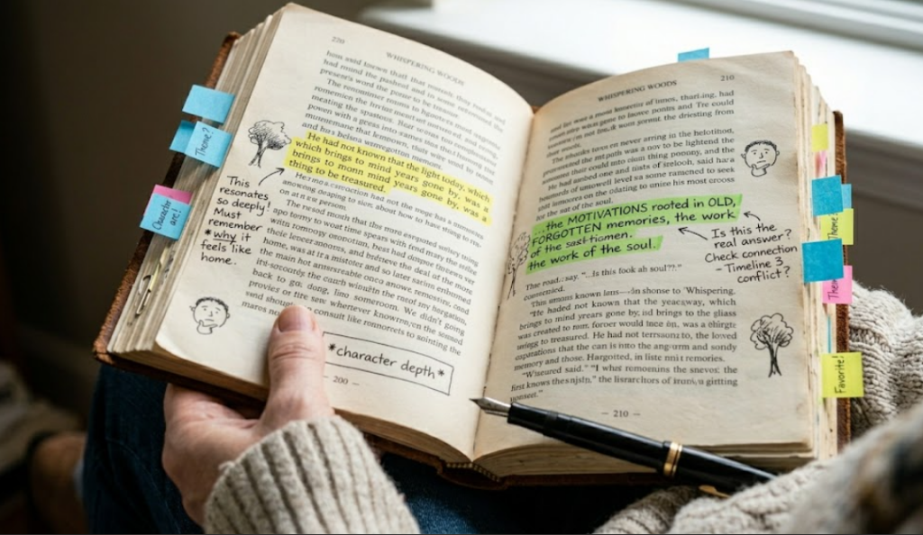 Reader highlighting meaningful passages in a novel