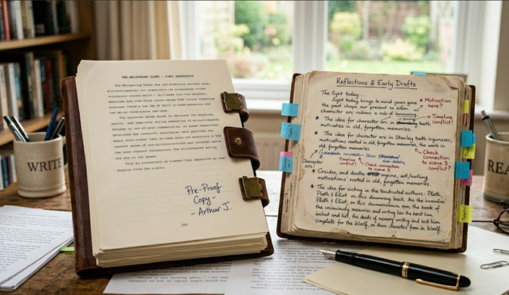 Finished manuscript beside handwritten notes and early drafts