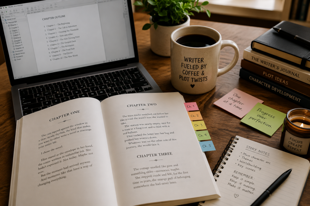 Open manuscript showing chapter divisions beside laptop and notebook