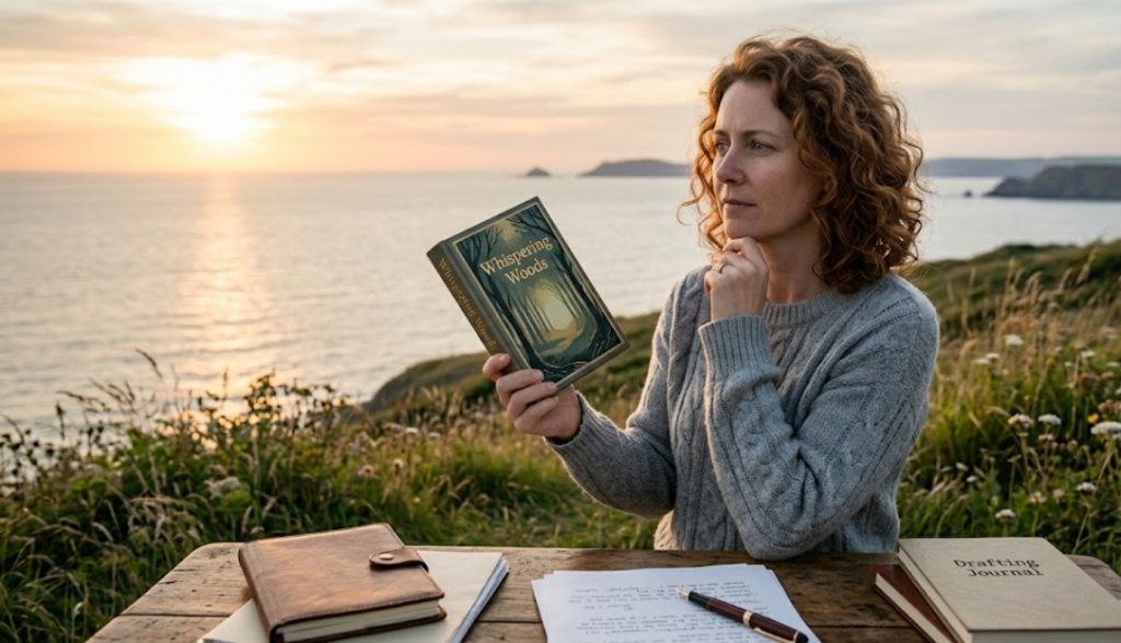 Author holding a published book and reflecting on their writing journey