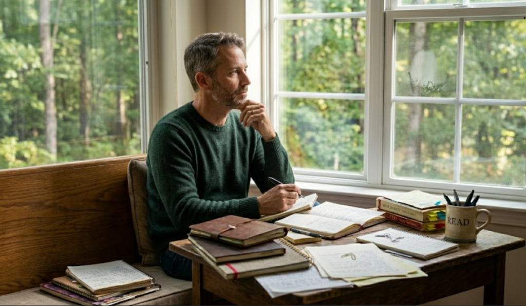 Writer journaling in a peaceful setting while reflecting on personal experiences