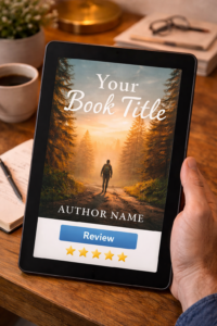 A digital reader tablet displaying a book cover and a five-star review interface.
