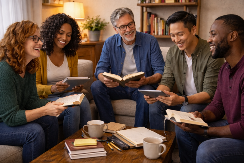 Beta Readers Discussion A diverse group of readers discussing a book together in a library setting.