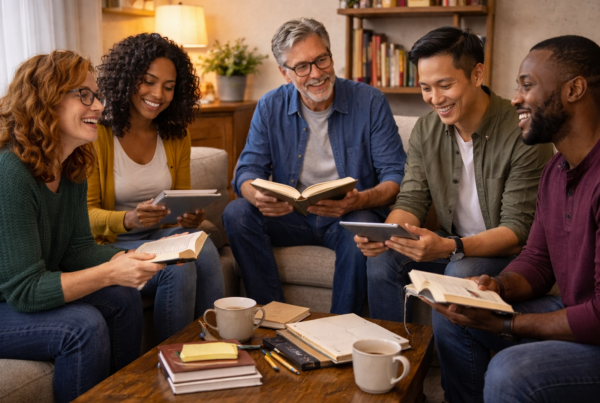 A diverse group of readers discussing a book together in a library setting.