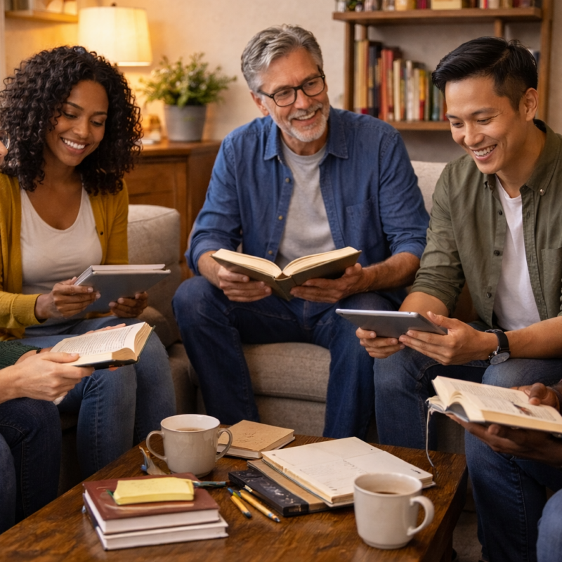A diverse group of readers discussing a book together in a library setting.