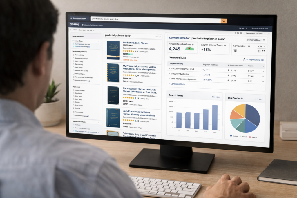 Strategic Keyword Research An author using software to research keywords and categories for their book.