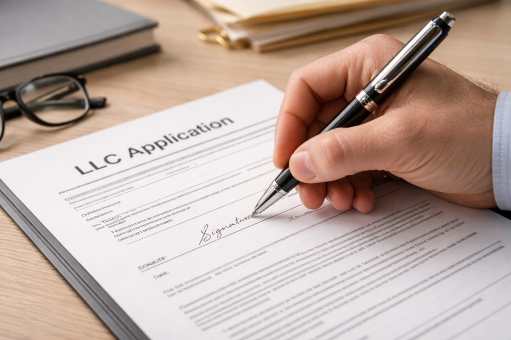 Legal Foundations A person signing legal paperwork for their new publishing company.