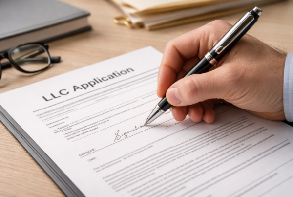 A person signing legal paperwork for their new publishing company.