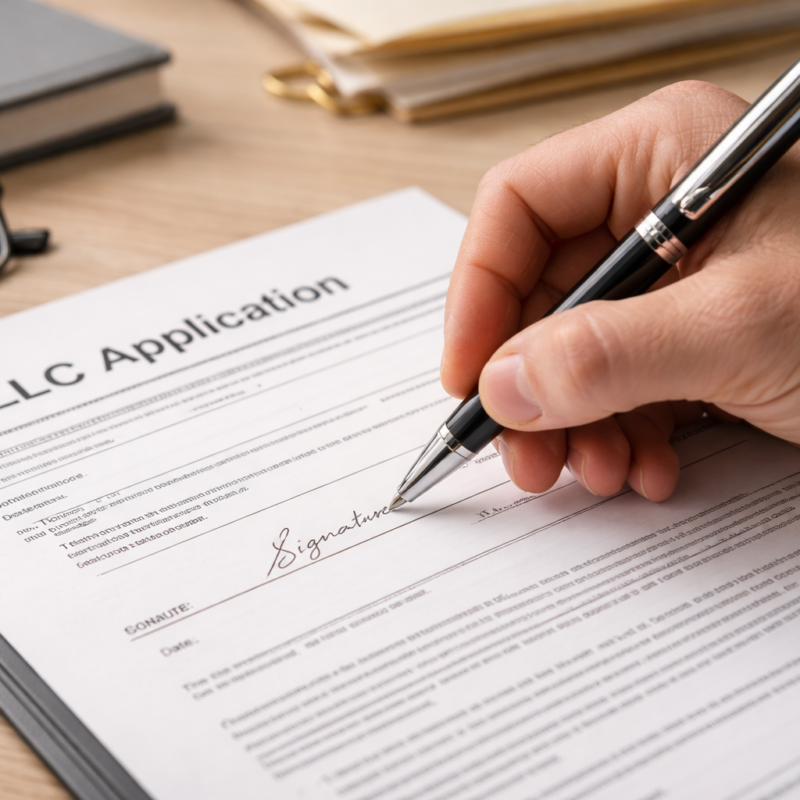 A person signing legal paperwork for their new publishing company.