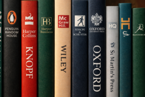 A row of book spines showing various small press and indie imprint logos.