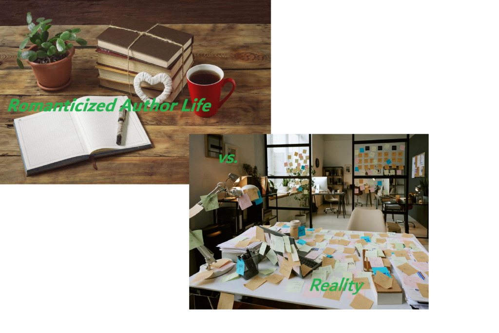 Cozy author desk aesthetic contrasted with the messy reality of writing and self-publishing