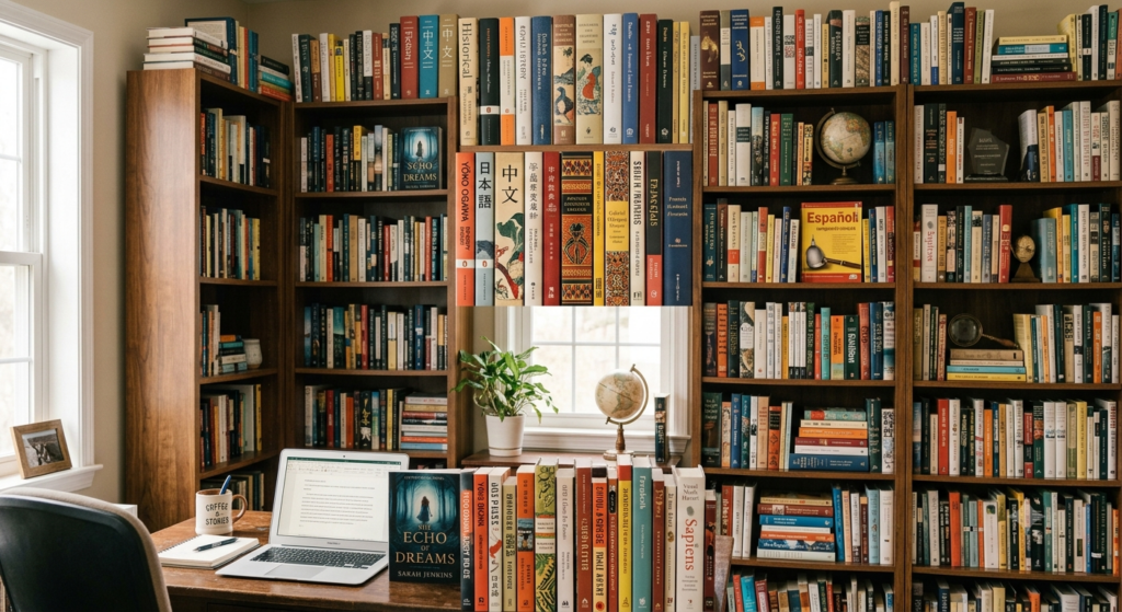 Bookshelf featuring books by authors from many backgrounds and genre