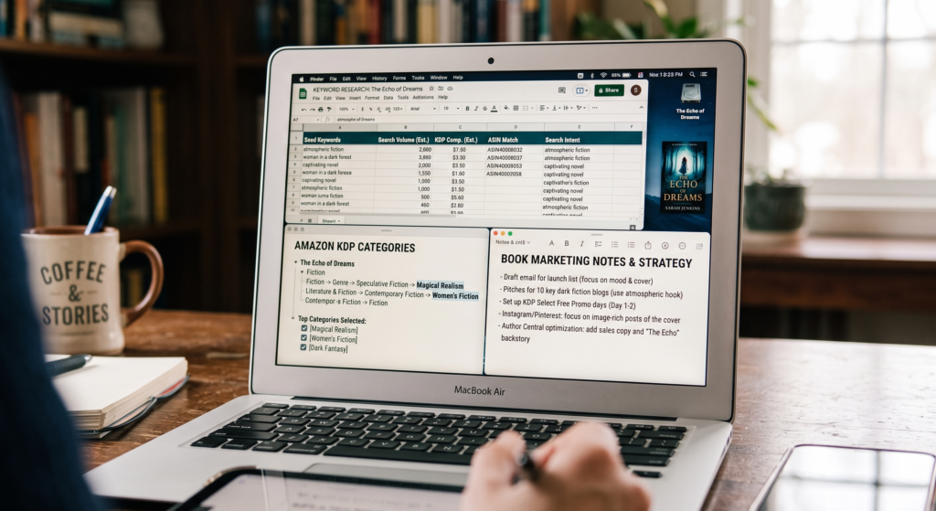 Laptop showing book keyword research and publishing analytics
