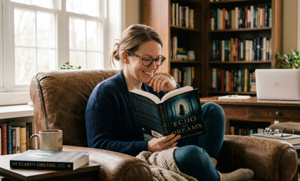 Reader fully immersed in an engaging novel