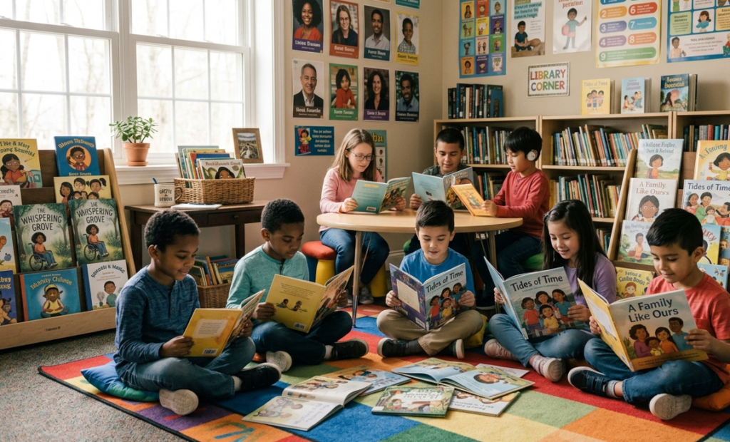 Children reading books featuring diverse characters in a classroom