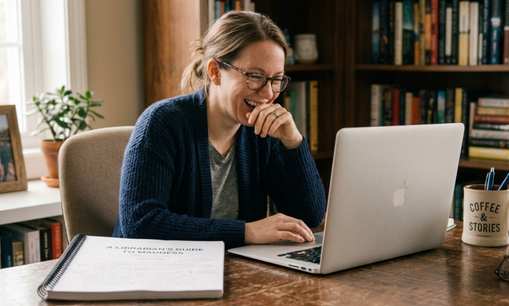 Writer laughing while reviewing unusual Google searches