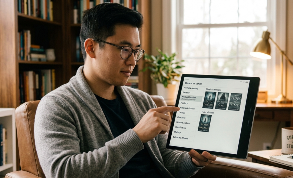 Reader browsing books by genre on an online bookstore