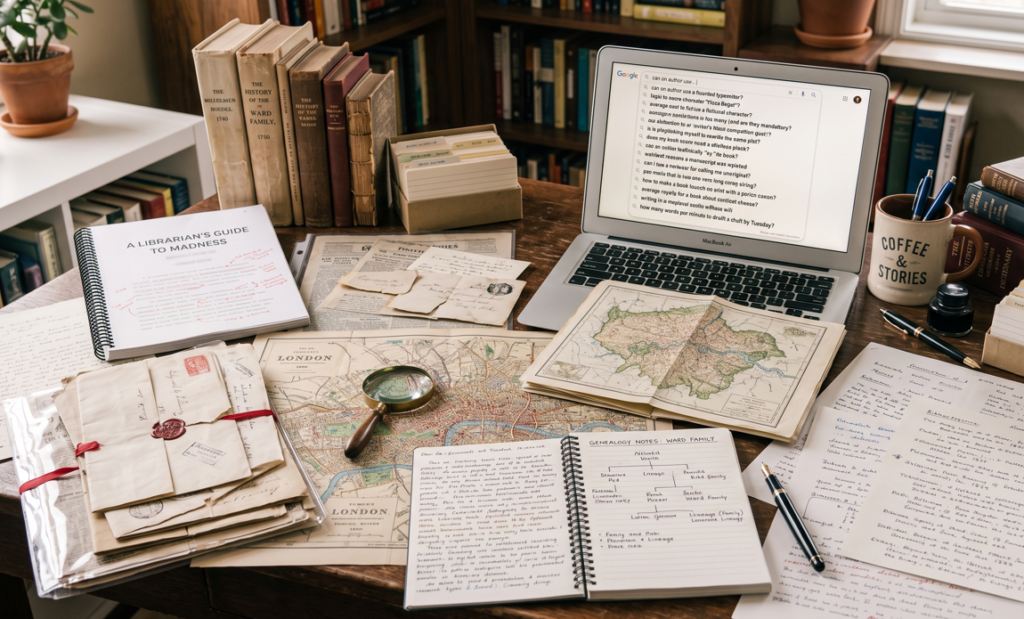 Historical books and research notes on a writing desk