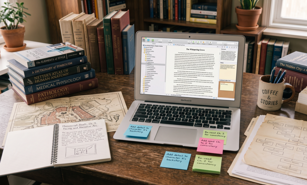 Organized writing workspace with research notes and manuscript