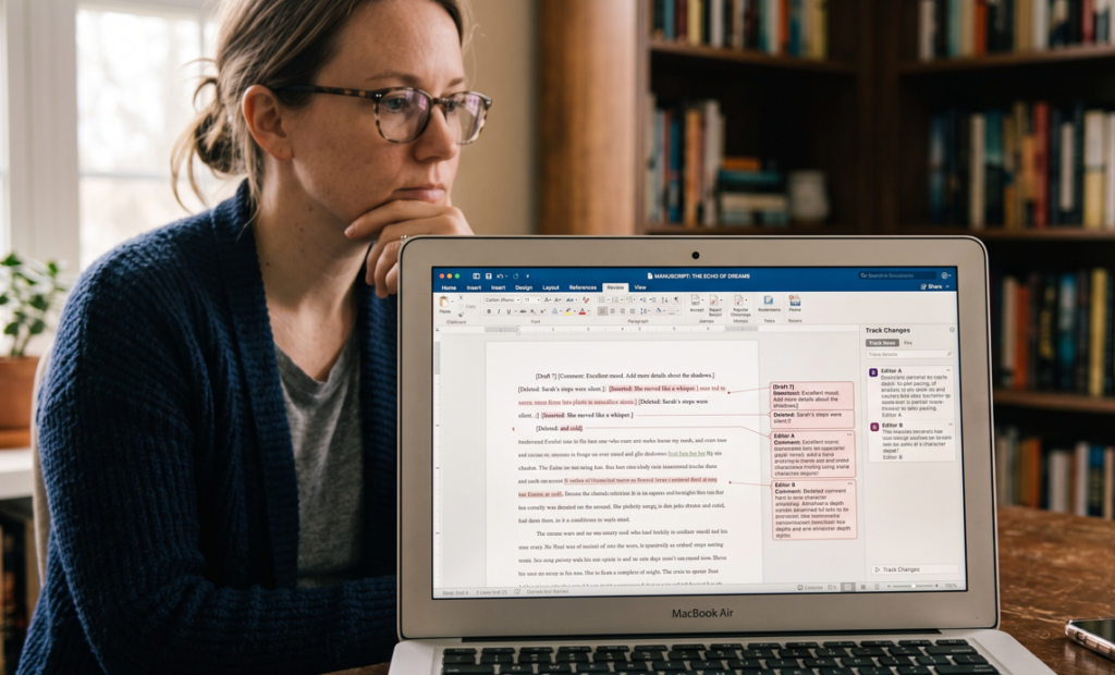 Editor reviewing a manuscript with tracked changes