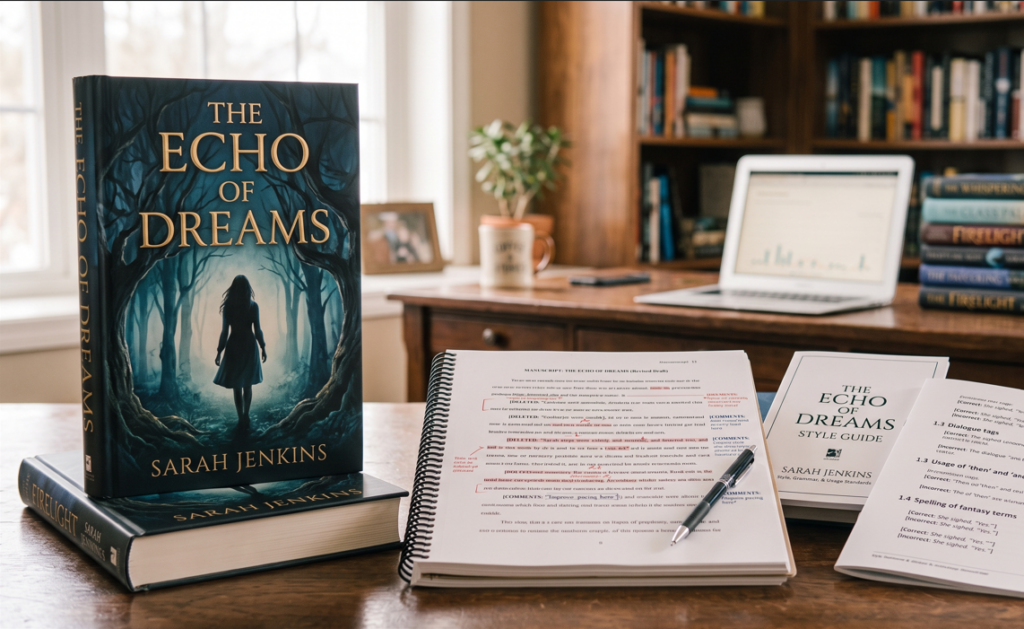 Book cover, edited manuscript, and publishing materials on a desk
