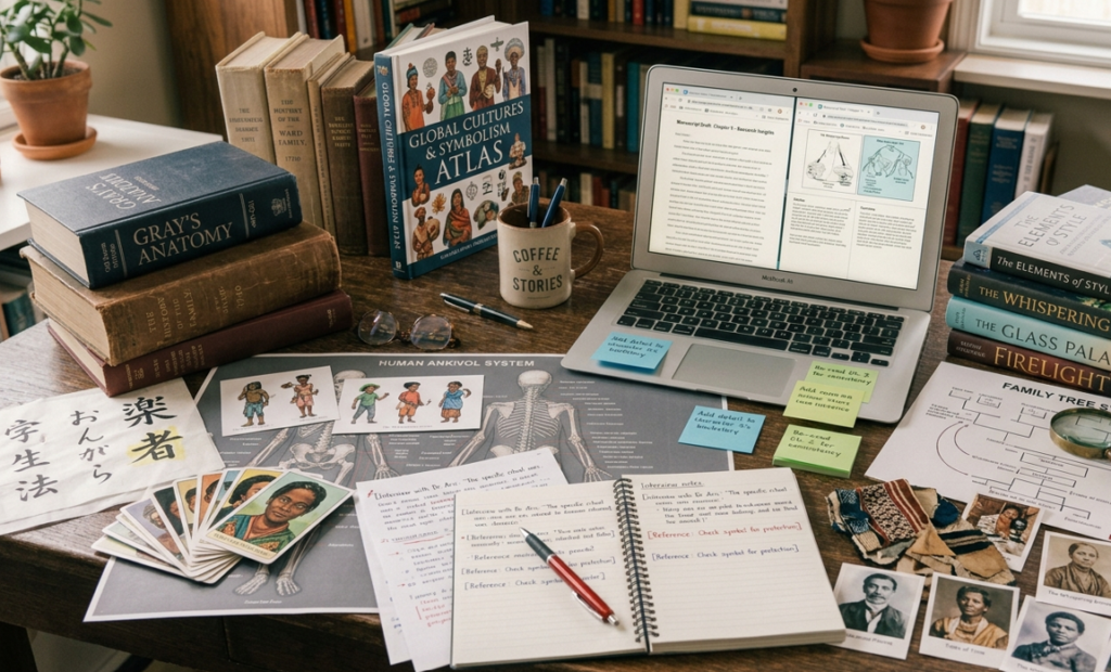 Writer researching books and reference materials for an authentic manuscript