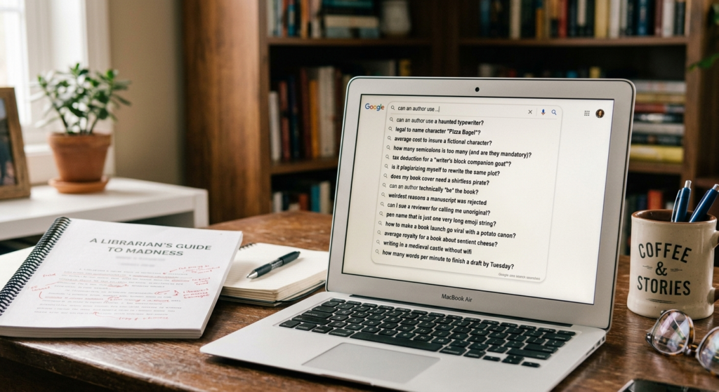 Laptop showing unusual Google searches beside a writer's manuscript