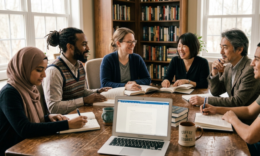 Diverse group of readers enjoying books together in a library