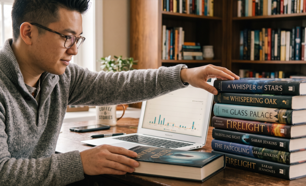Reader setting aside one book while choosing another to read