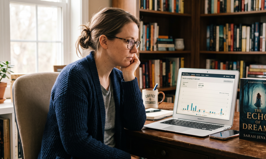 Self-published author reviewing disappointing book sales on a laptop