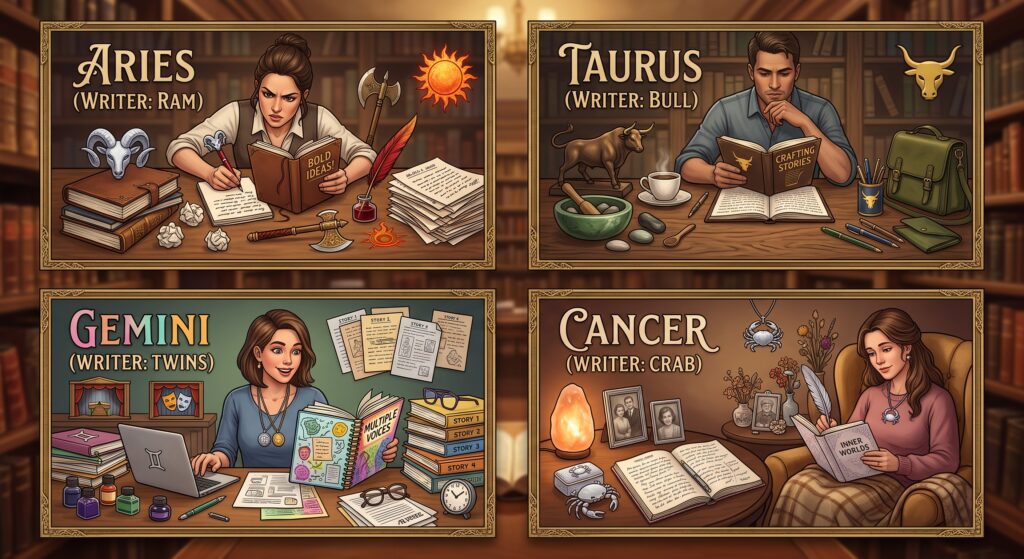 Zodiac signs representing different writing styles and creative personalities