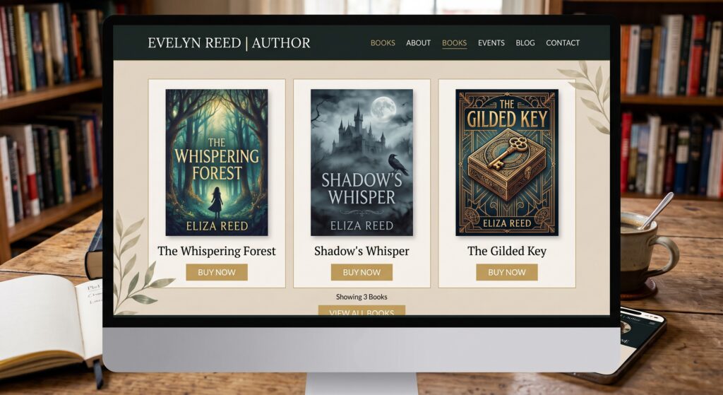 Author website displaying multiple published books with purchase links