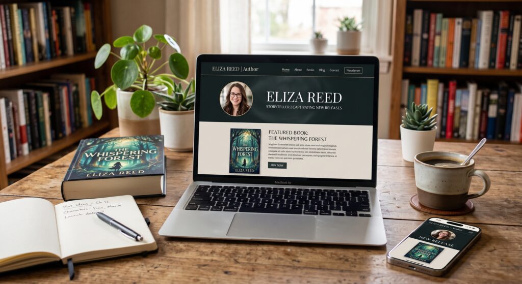 Author website displayed on laptop and smartphone in a publishing workspace