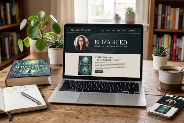 Author website displayed on laptop and smartphone in a publishing workspace