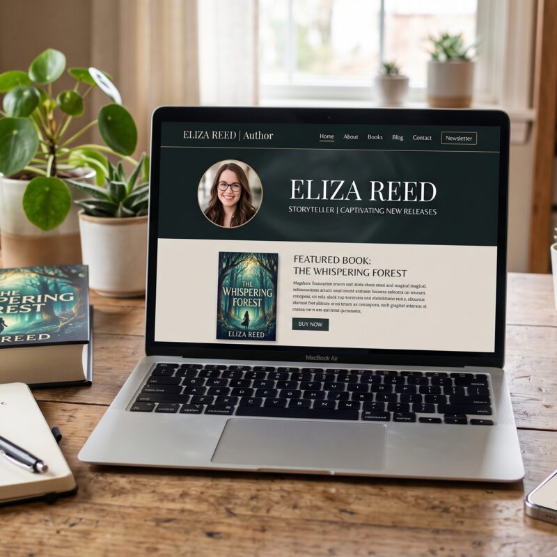 Author website displayed on laptop and smartphone in a publishing workspace